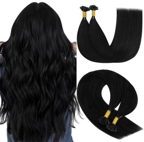 YoungSee Bonding Extensions Echthaar Schwarz 40 cm Glatt U Tip Hair Extensions Schwarz Glanzend Keratin Bondings Echthaar 1g/s Hot Fusion Extensions Echthaar Bondings Schwarz 50g 50strange #1