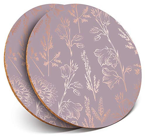 2 x Round Coasters - Rose Gold Black Art Deco Elegant Pattern - Cork Backed Home Kitchen Accessory Tea Coffee Mug Mat #24121