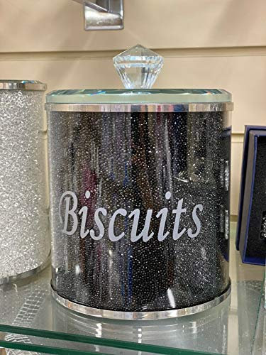 Diamond Crushed Biscuit Cookies Canister Jar Tin Kitchen Storage containers Silver Trimmings Crystal Filled gift (BLACK)