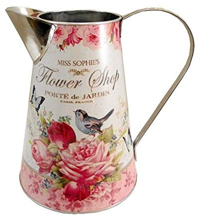 Large Jug Artificial Flower Vase Bluebird Pink Rose Butterfly Design Flower Shop French Style Metal Decal Style 22cm