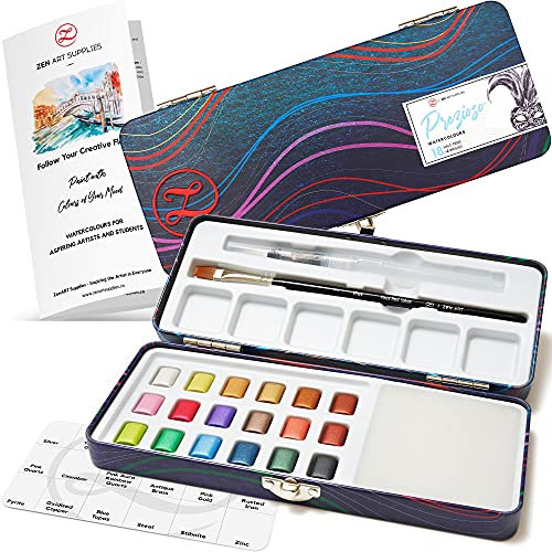 Metallic Aquarellfarben für Anfänger - 18 Halbgefäße Aquarellfarben Set mit Pinsel, Wasserpinsel, Mischbereich in einer schönen Zinnbox - PREZIOSO Tragbares Aquarell Set von ZenART