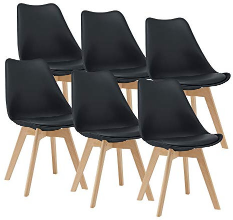 [en.casa] Lot de 6 chaises de Salle à Manger avec Siège Confortable et Rembourré Chaise de Salon Scandinave Construction Robuste Coque Plastique Similicuir Hêtre 82 x 49 x 54 cm Noir