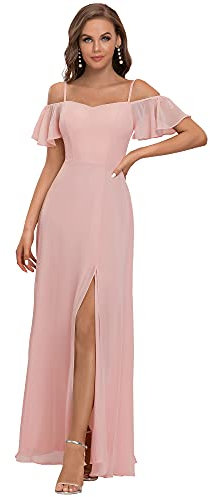 Ever-Pretty Robe de Soirée pour Mariage Invité Femme Longue Mousseline Épaule dénudée Élégante Rose 40