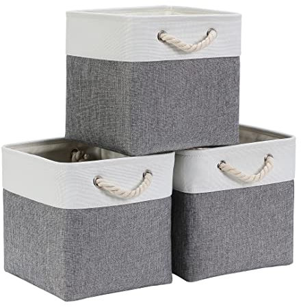 Mangata Cube Storage Boxes 25x25x25cm, Fabric Storage Basket for Cupboards, Shelves, Closet, Grey White(Collapsible, 3 Pack)