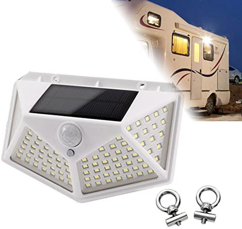 Solar RV Markise LED Lichter, 100LED Campervan Veranda Außenlicht, Bewegungsmelder Licht mit 2 Stück Slide on Awning Rail For Van Caravan Motorhome Outdoor Lighting