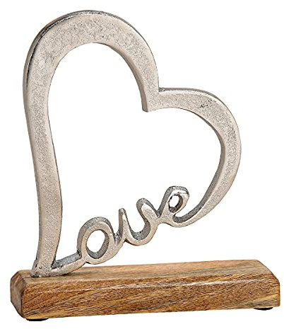 Generisch Aufsteller Liebesgeschenk Love-Herz aus Alu, Mangoholzsockel, Silber | Herz-Figur, Skulptur, Statue, Deko-Figur, Deko-Artikel, Herzgeschenk, H 20 cm