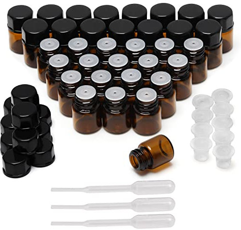 BELLE VOUS Pack de 50 Frascos de Vidrio de 1 ml Muestras de Aceites Esenciales - Frascos Ambar con Insertos - Botella para Aceite con Tapas Negras y Goteros - Frasco Perfume Recargable, Aromaterapia