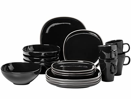 MÄSER Serie Isora, Modernes Geschirr Set für 4 Personen mit eckigen, randlosen Formen, 16-teiliges Kombiservice aus hochwertiger Keramik, Steinzeug, Schwarz