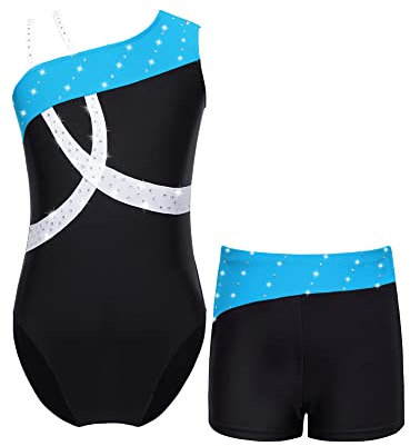 iEFiEL Mädchen Einhörner Turnanzug Glänzend Gymnastik Leotard Kinder Kleidung Set Ballett Trikot Tanz Kostüme mit Überkreuzte Träger X Blau 134-140