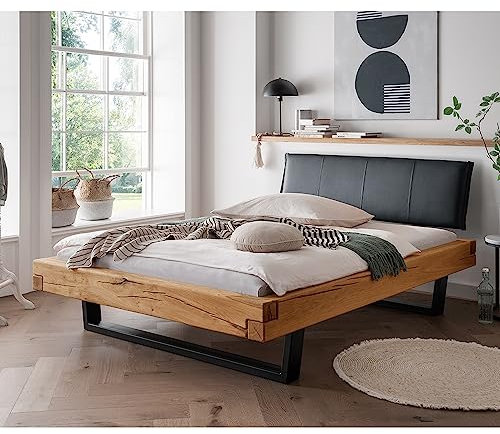 Lomadox Doppelbett Ehebett Bett Echtholz Massivholz, 180x200 cm, Eiche massiv, schwarzes Echtleder-Kopfteil, Schwarze Metallkufen, B/H/T ca. 198/88/228 cm