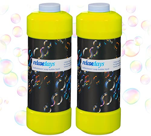 Relaxdays Juego de 2 Botellas de llenado, 1 Líquido Burbujas Jabón, Set de 2, 1 Litro Solución Pompas Cada una, para Máquina de Pompitas, Amarillo, 1 L
