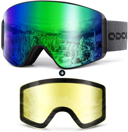 Odoland Skibrille für Damen und Herren Jungen Ski Goggles Anti-Fog UV-Schutz mit Magnetische Wechselglas Snowboardbrille Helmkompatible zum Snowboard Skifahren Schwarz Grün