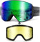 Odoland Skibrille für Damen und Herren Jungen Ski Goggles Anti-Fog UV-Schutz mit Magnetische Wechselglas Snowboardbrille Helmkompatible zum Snowboard Skifahren Schwarz Grün