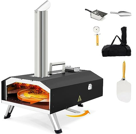 Horno de pizza al aire libre, hornos de pizza de leña de 12 pulgadas con piedra giratoria, hornos de pizza para exteriores, horno de pizza portátil para quemar pellets de madera con bolsa de