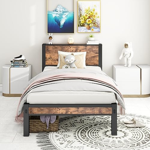 Diahomy Modern Metallbett Bettgestelle mit Lattenrost, Doppelbett/Einzelbett, Bettrahmen mit Kopfteil | 90 x 200 cm | Braun