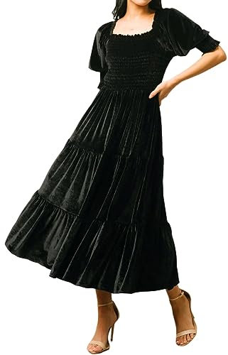 R.Vivimos Autumn Winter Velvet Dress for Women Square Neck Puff Sleeve Midi Dress Ruched Smock A Line Flowy Ruffle Long Dress(XLarge,Black)