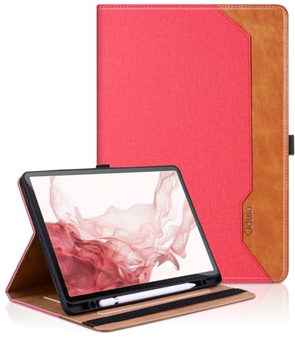 Custodia per Samsung Galaxy Tab S9 Plus/S8 Plus/S7 Plus/S7 FE 12.4'' Pelle PU Tablet Case, Funzione Supporto Pieghevole Flip Cover Protettiva con Tasca, Auto Sveglia/Sonno, Rosso Rosa