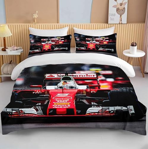Bettwäsche 155x220cm F-1-Rennwagen Bettbezug Set 3 Teilig Roter Formel-1-Rennwagen Einzelbett Bettbezug 3D Motiv Luxus Modern Weiche Microfaser Mit Reißverschluss und 2 Kissenbezug 80x80cm