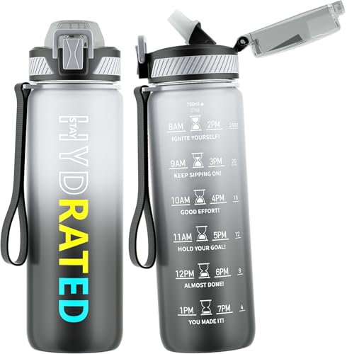 QLUR Trinkflasche 750ML, BPA-Frei Tritan Wasserflasche mit Strohhalm, Trinkflasche Sport Auslaufsicher mit Zeitmarkierung und Bürste, Sportflasche für Fitness, Yoga, Gray Gradient (1 Flasche)