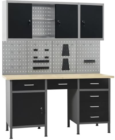 KOIECETA Werkbank mit 4 Werkzeugwänden 2 Wandschränken Werkzeugschrank Werktisch Montagewerkbank Hängeschrank Lochwand Werkstatteinrichtung