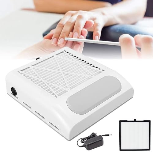 TriLine 80W Professional Nail Dust Collector, Electric Nail Dust Extractor Machine, Vacuum Cleaner Fan, for Home or Salon Manicure Tool, with Pad and Reusable Filters, Low Noise-UK Plug (White)