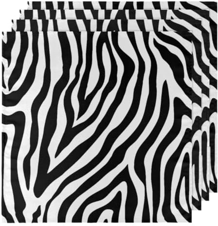 Zebra Print Cloth Napkins Set of 4, Washable Dinner Napkin 20 x 20 Inch Table Napkins for Family Parties Weddings Holiday Dinner,Black White Stripe