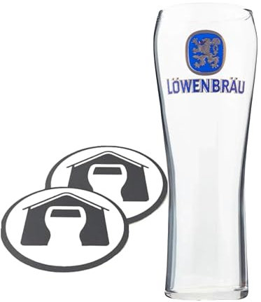 GarageBar | Lowenbrau Beer Glass | Pint Nucleated Beer Glass | Official Merchandise | PerfectDraft Compatible | Comes with 2X Beer Drip Mats | 1 Glass
