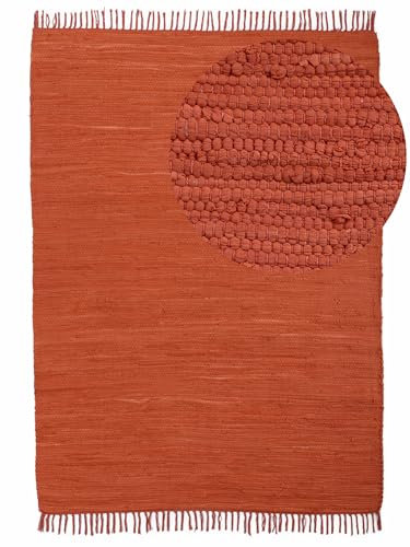 carpetfine Flickenteppich Kelim Chindi Uni Orange 60x90 cm, handgewebt | Fleckerlteppich aus Baumwolle für Wohnzimmermit Fransen