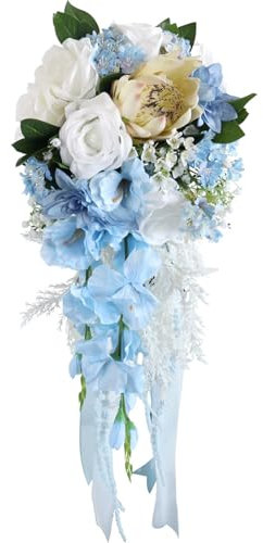 Fouriding Hochzeit Blumenstrauß für Braut,Wasser Tropfen Wasserfall Brautstrauß künstliche Blumen halten Blumen für Zeremonie Jahrestag Hochzeit Dekoration (Blau)
