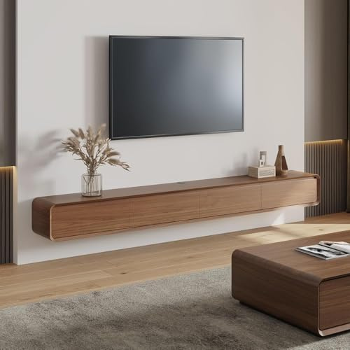 POVISON TV Schrank schwebend 240cm modern Walnussholz aus Massivholz mit 4 Schubladen, TV Lowboard hängend mit Kabelmanagement hochwertig, Komplettmöbel mit Stauraum für Wohnzimmer