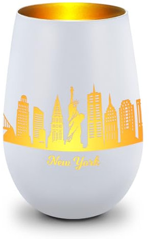 GRAVURZEILE Deko Windlicht aus Glas mit Gravur - Skyline New York - Hochwertige 360° Lasergravur - Dekoratives Geschenk als Andenken, Souvenir oder für Sammler zum Geburtstag - Farbe: Weiß/Gold