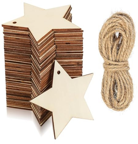 40 Pcs Estrellas de Madera Manualidades, Adornos Sin Acabado para Bricolaje, Tallado, Grabado Láser, Pintura - Con 5M Cuerda de Yute