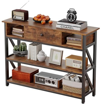 Console Table with Drawer Shelves, Entryway Table with Storage Shelves, Industrial Wood Hallway Sofa Table for Living Room, Couch, Foyer, Kitchen Counter,Rustic Brown