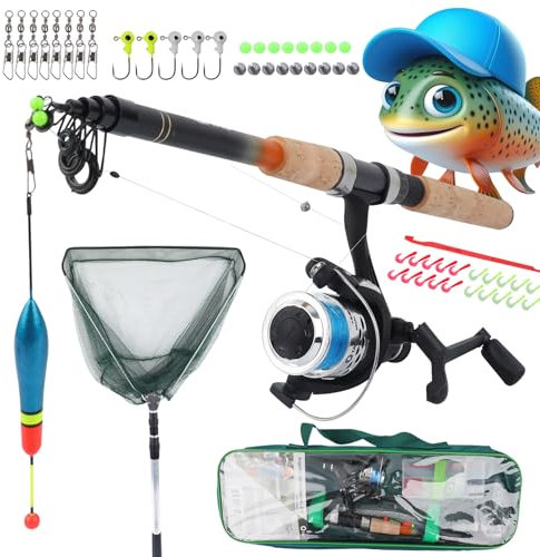 Q-Tac - Angelset Forelle/Barsch mit Kescher [Angelfertig montiert & Angelrolle bespult] Angelset komplett für Gelegenheitsangler & Anfänger, Angel Set für Forellen Angeln, Forellenrute 240 cm