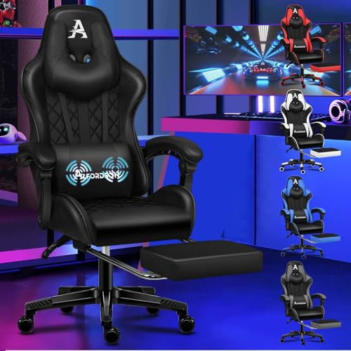ALFORDSON Sedia da Gaming con Poggiapiedi e Cuscino Lombare, Sedia da Ufficio ergonomica per Computer con Reclinazione a 150°, Sedia da Scrivania per Videogiochi in Pelle, Portata 180 kg, Nero