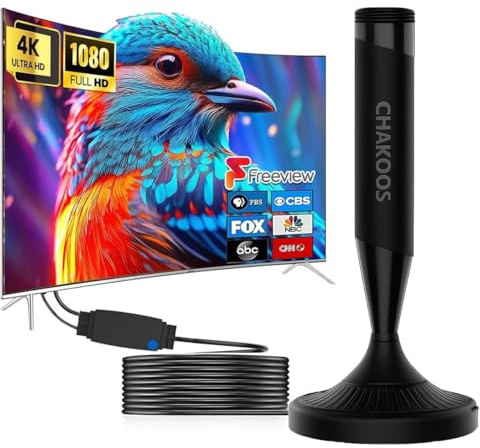 CHAKOOS Indoor TV Aerial with Amplifier – Tv Aerial Indoor Freeview HD/DVB-T2 Signal Booster, Magnetic Base, 3 m Coaxial Cable, VHF/UHF 470–862 MHz, Low-Noise Amp + 4G/5G Filter