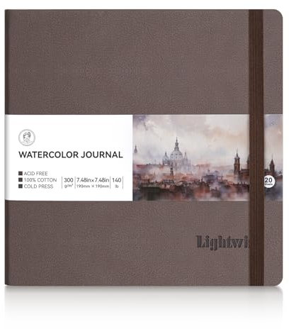 Lightwish Quadratisches Aquarell-Tagebuch, 100 % Baumwolle, kaltgepresst, Aquarellpapier, Skizzenbuch, 19 x 19 cm, 20 Blatt (300 g/m²), säurefrei, für Aquarell, Gouache, Acryl