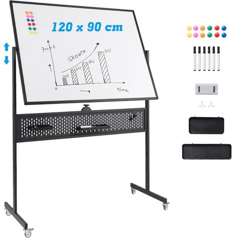 GIANTEX Tableau Blanc Mobile Double Face 120 x 90 cm, Tableau Magnétique sur Pieds Réglable en 2 Hauteur, Cadre en Métal, Panneau Perforé, 12 Aimants, Tableau Blanc Roulette, Noir