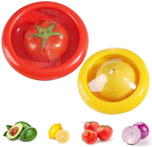 Amusingtao 2 Pcs Fruit and Vegetable Storage Containers Set for Fridge, Onion Storage Container, Avocado keeper,Tomato Saver,and Lemon holder,reusable(Yellow+Red)