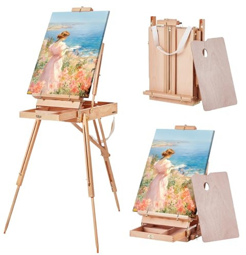 VEVOR Chevalet de Campagne pour Toiles jusqu'à 86,5 cm, Présentoir Peinture Pliable en Hêtre, avec Tiroir, Palette et Sangle, Angle et Hauteur Réglables, Support pour Toiles d'Art Portable, Atelier