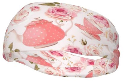 Tea Cups with Roses Romantic Shabby Print Unisex Sports Sweatband Sport Headbands Moisture Wicking Headband for Running, Yoga
