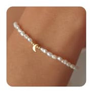 Irikdescia 14K Vergoldetes Perlenarmband, Goldenes Armband Damen Mit Herz Anhänger, Elegantes Perlenarmband Mit Weißer Perle, Schöne Perlen Armbänder Frauen(Mond)