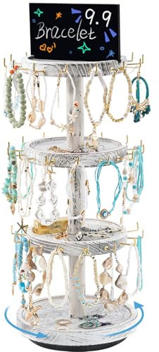 Lolalet 4 Tier Bracelet Holder, Wooden Rotating Jewelry Display Stand with 42 Hooks Jewelry Tray 360 Degrees Rotatable Rustic Tree Storage for Bracelets Key Chains Small Accessories -Vintage White