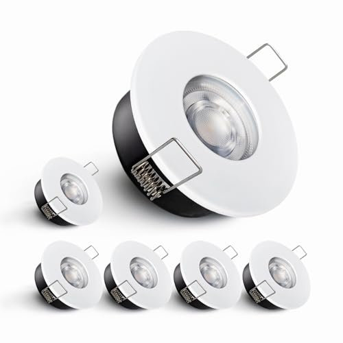 Sweier LED Einbaustrahler 6er Set, Dimmbar IP65 Deckenstrahler GU10, 5W 6000K Kaltweiß Wasserdichte Einbauleuchten mit 430LM & 10-100% Dimmbereich für Bad/Küche Hotel