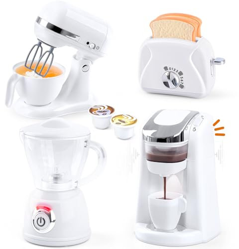 Play - Utensilio de cocina infantil, accesorio con cafetera, mezcladora, licuadora y parrilla de juguete con iluminación y sonido realistas, juego de cocina, juguete para niños, 3 años, color blanco