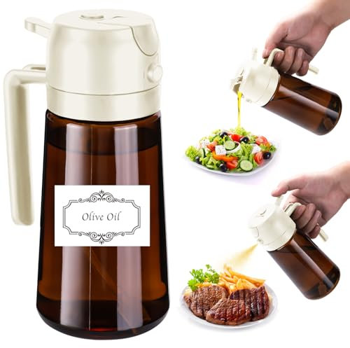 Fiotasy Dispensador de aceite 2 en 1 y pulverizador de aceite para cocinar con etiquetas, botella de aceite de vidrio de 470 ml recubierta de marrón, botella dispensadora de aceite de oliva para