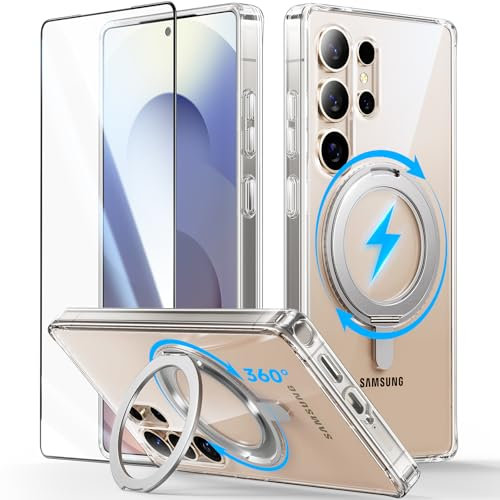 JUESHITUO 360° Magic Stand für Samsung Galaxy S25 Ultra Hülle [Militärschutz] [Unsichtbarer Ständer] Stoßfeste Kratzfeste Schutzhülle Handyhülle Case für MagSafe, Durchsichtig