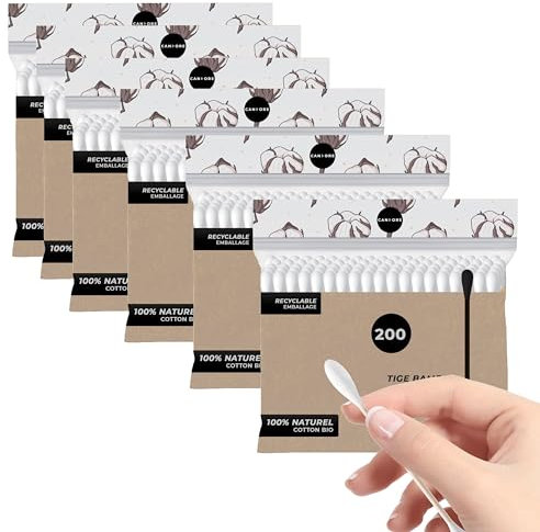 CANDORE - 1200 Coton tiges 100% Coton - Ultra Doux - Batonnet fabriqué à partir de bambou Biodégradable, 100% naturel, 6 Sachets de 200 - Favorise un nettoyage doux et confortable
