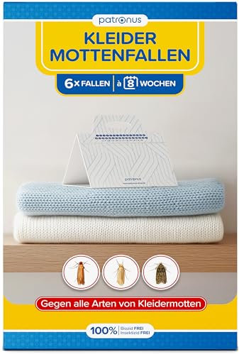 Patronus Kleidermottenfalle [6 Stück] - effektiver Mottenschutz für Kleiderschrank - Mottenfalle Kleidermotten mit maximaler Lockwirkung - Kleidermotten bekämpfen - Alternative zu Mottenpapier