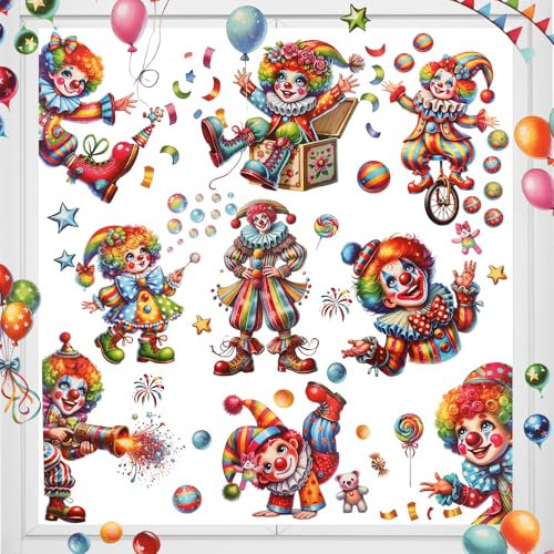 AUAUY 9 Blatt Fensterbilder Karneval, Selbstklebend Clown Fenster Aufkleber, Statisch Haftende Fensteraufkleber Wiederverwendbar - Clown Fensterdeko Karneval, Fasching, Zirkus Deko